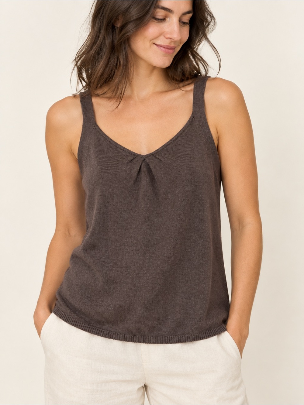 Eileen Fisher Brown Taupe Knit Tank Top V-Neck Cotton Silk Blend L